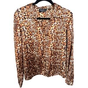 Vintage Leopard Cheetah Animal Print Silk Button Down Career Neutral Top Large
